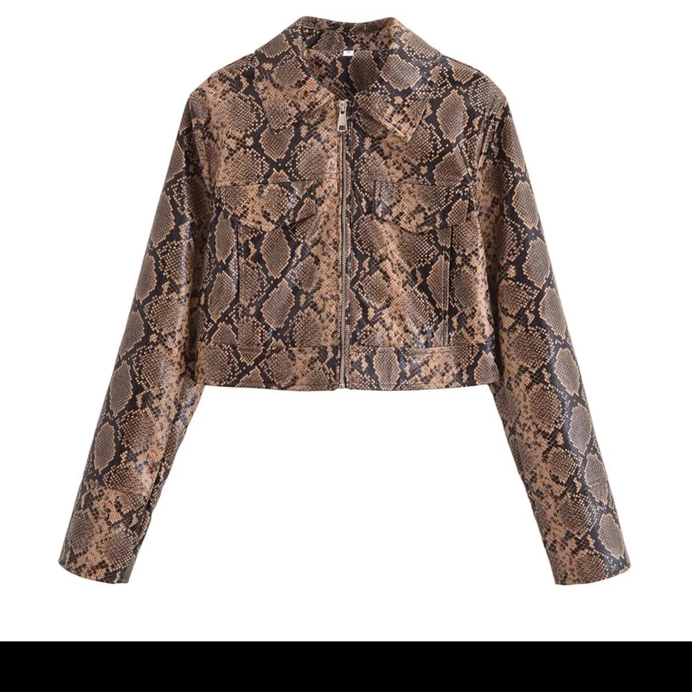Fashion Snake Printed Short Jacket Women Lapel Zipper Long Sleeve - Picture 11 of 15